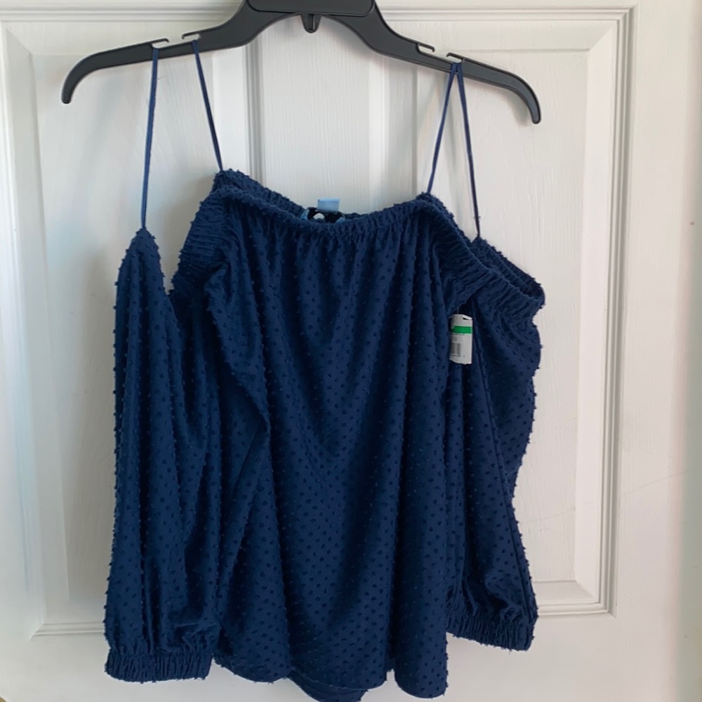 CeCe Off the Shoulder Puffed Sleeves Swiss Dots Blouse Navy Blue Size Small